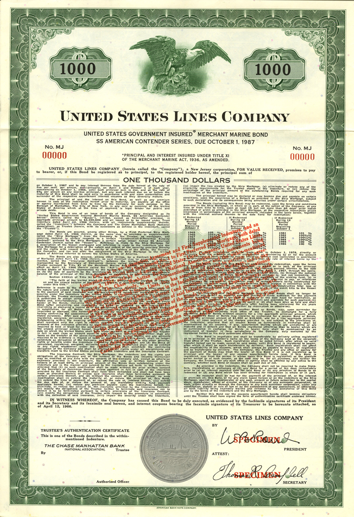 United States Lines Co. - Specimen Shipping Bond